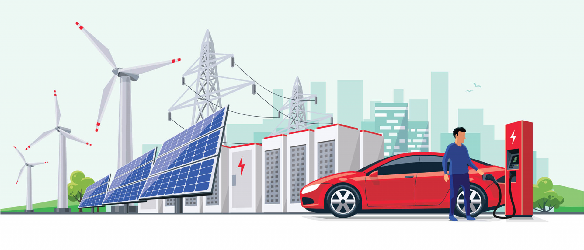 electric car charging near solar panels and electric power lines