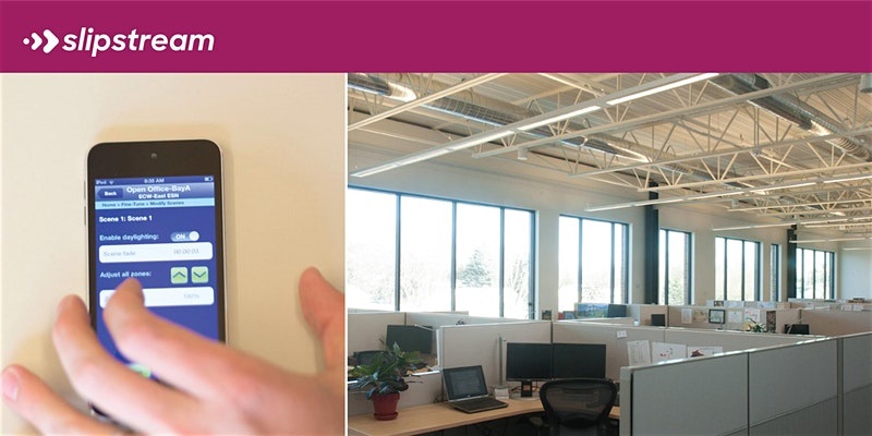 networked lighting controls app on mobile device next to office space lighting