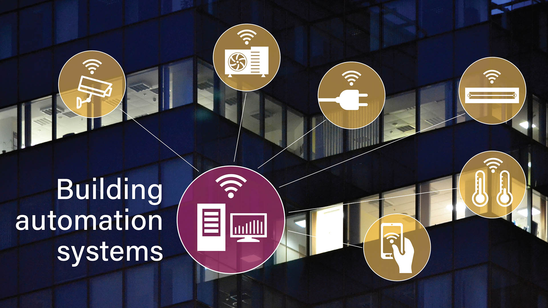 building at night with lights on and building equipment symbols to represent a building automation system