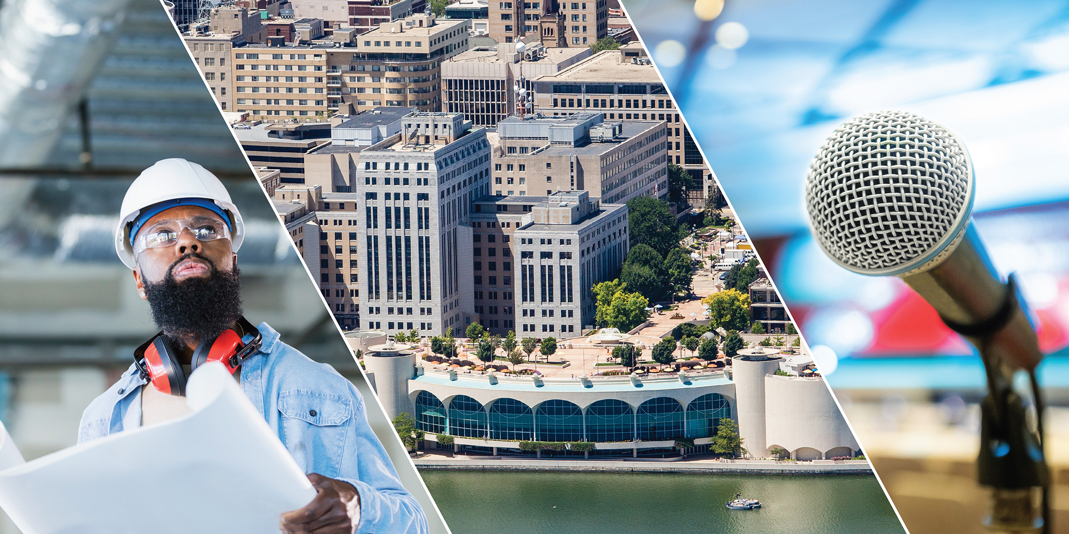 man looking at blueprints, city view, and microphone