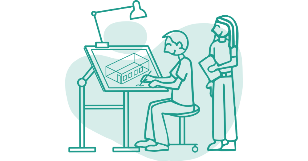Architects at a drafting board sketching a building